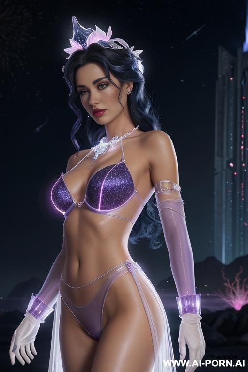 (front view), (looking at the viewer), (detailed face), (detailed body), (detailed skin), (detailed hands), star princes, toned figure, natural breasts, curly long dark blue hair with white glitter, - #main