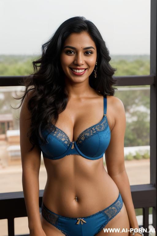 (((indian))), (( blue fancy statement bra )), (texas modern ranch house), (christmas), (big full lips), ((smiling at the camera)), photorealistic, tanned indian, (ultra detailed photo), (hyper realistic - #main