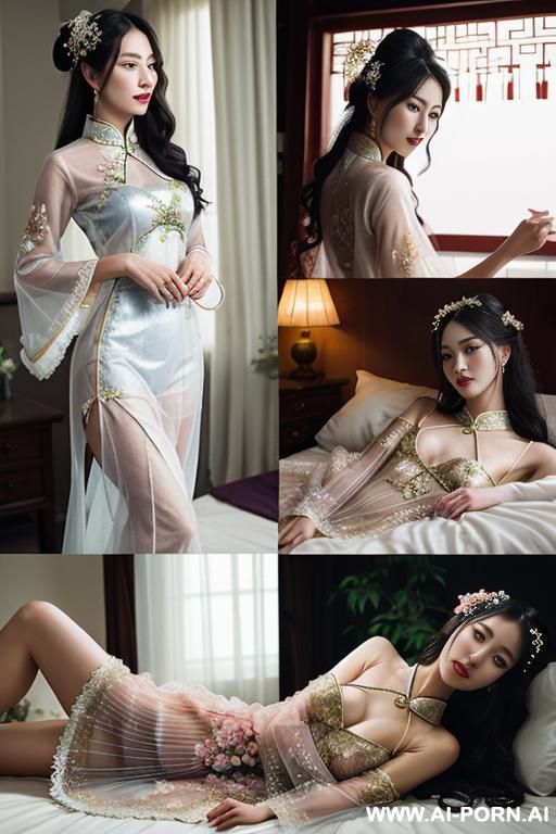 tea party, full clothes, pleated dress, chinese clothes, traditional clothes, chinese wedding, old china outfit , lights color coat , 2 womens, lying on bed, women on top, hugging each other, kissing, lying on another lab, multiple views - #main