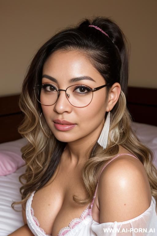 mexican milf, chubby face, asian eyes, brunette hair wit blonde highlights, long wavy hair, ponytail, sitting on bed, wearing white night gown, hoop earrings, eye liner, glasses, looking at viewer, pink nipples, - #main