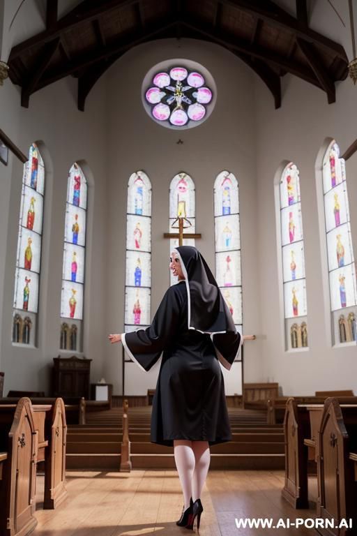 nun wearing stylish platform pumps women lace bra and stockings leg apart view side pink panties from behind - #main