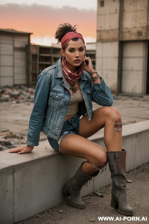 red sky dusty rubble concrete female in bandana in dusty jacket in tattered skintight jeans in punkboots sit on ground relaxed - #main