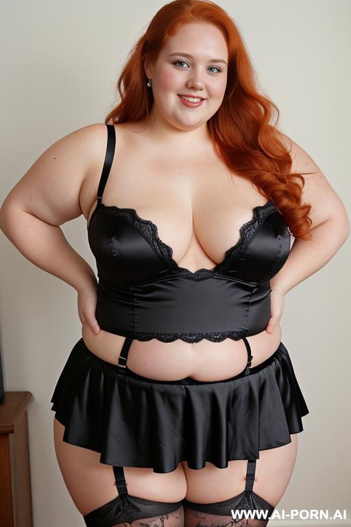 half body photo shot close up. a ((british obese fat bbw redhead)), ((thick with love handless)). ((wearing a black and blue sexy and hot garter bride party belt lingerie, and a dark-red ruffle silk micro-skirt)). she is smiling - #main