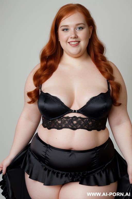 half body photo shot close up. a ((british obese fat bbw redhead)), ((thick with love handless)). ((wearing a black and blue sexy and hot garter bride belt lingerie, and a dark-red ruffle silk micro-skirt)). she is smiling - #main