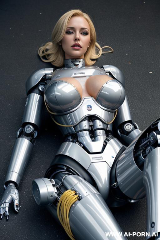 damaged blonde female robot cop, lying on ground, shapely fully robotic body, huge robotic tits, open panel in right thigh exposing inner robotic circuits and cables - #main