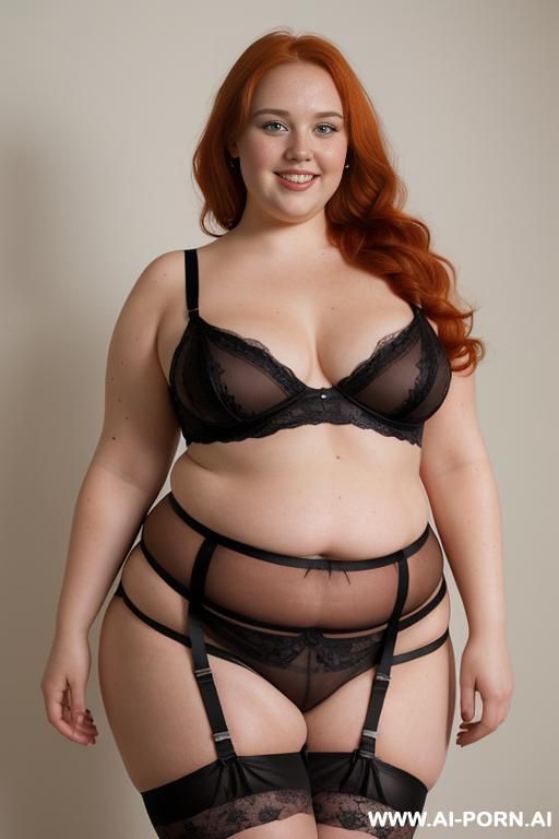 half body photo shot close up. a ((british obese fat bbw redhead)), ((thick with love handless)). ((wearing a black sexy and hot garter belt lingerie, and a dark-red ruffle silk micro-skirt)). she is smiling - #main