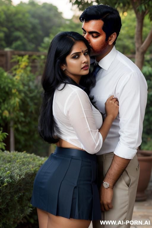 chubby indian woman and a man standing together kissing in a garden, she is wearing a neat navy-blue uniform skirt, white shirt, tie, holding book close to her chest, - #main