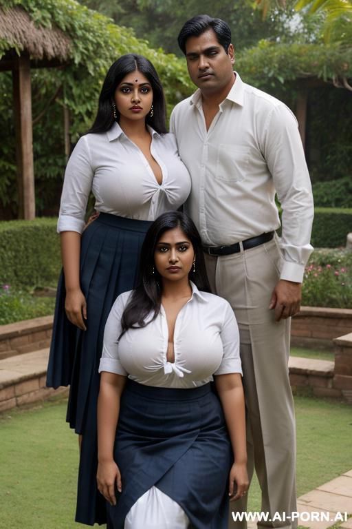chubby indian woman and a man standing together in a garden, she is wearing a neat navy-blue uniform skirt, white shirt, tie, holding close to her chest, - #main