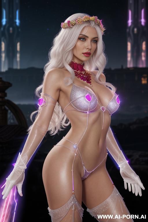 (front view), (looking at the viewer), (detailed face), (detailed body), (detailed skin), (detailed hands), star princes, toned figure, natural breasts, curly long white hair with ruby glitter, ruby - #main