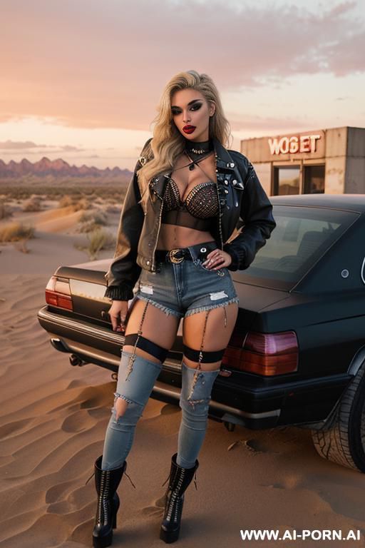 sexy pornstar blonde thick long wavy hairs soft bright hairstyle beautiful face big eyes big lips lipstick red sky dusty desert abandoned gas station dunes concrete parking female in bandana in - #main