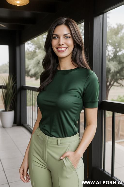 ((lanky)), ((( persian ))), (( green short sleeve crew neck shirt, pants )), (modern texas ranch house), (christmas), (big full lips), ((smiling at the camera)), photorealistic, (ultra detailed - #main