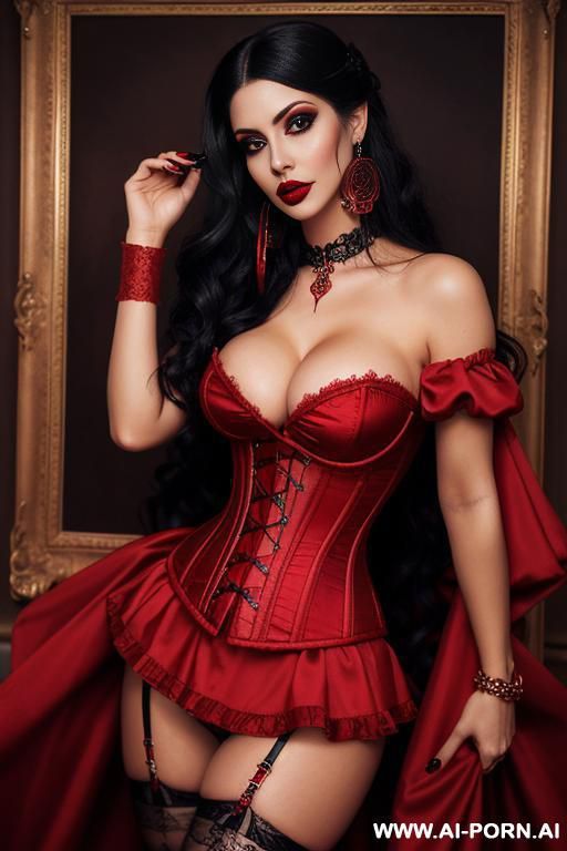 portrait of beautiful fantasy female in elaborate intricate busty cleavage red dress laced corset sexy long hairs red bandana piratess big earrings big eyes big lips lipstick makeup goth style - #main