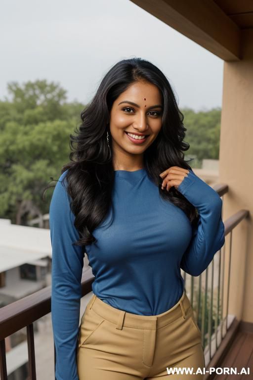 (((indian))), (( blue long sleeve crew neck shirt, pants )), (texas modern ranch house), (christmas), (big full lips), ((smiling at the camera)), photorealistic, tanned indian, (ultra detailed photo), - #main