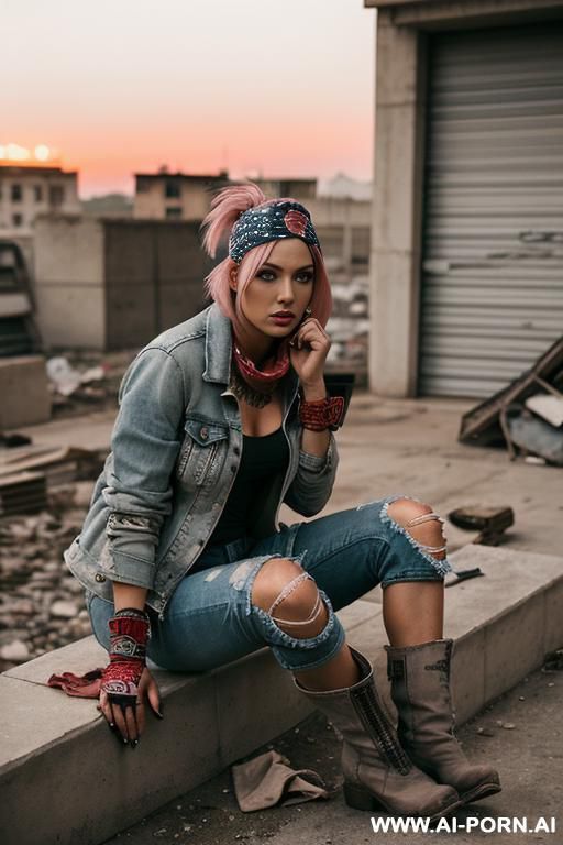 red sky dusty rubble concrete female in bandana in dusty jacket in tattered skintight jeans in punkboots sit on ground relaxed - #main