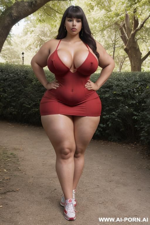 latina beauty curvy , women wearing (((red slingshot dress))) , (sneakers) , realistic , photograpic ,(((full body view))), (((huge round ass))) (((disproportionally thick thighs))), beautiful face, - #main
