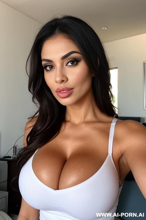 1 woman, escort, pornstar, celebrity, milf, sexy, middle eastern, full-bosomed, hourglass, athletic, perky breasts, alternate hairstyle, full lips, heavy makeup, full body, white v-neck t-shirt, duckface, happy, surprised - #main