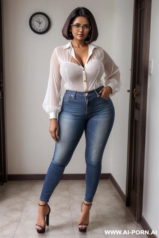 (hot tall bangladesi milf) (brunette) (huge boobs) (glasses) (very high platform heels) (short hair) (big cleavage) (white button-down blouse) (very dark skin) (amazing fit body) - #main