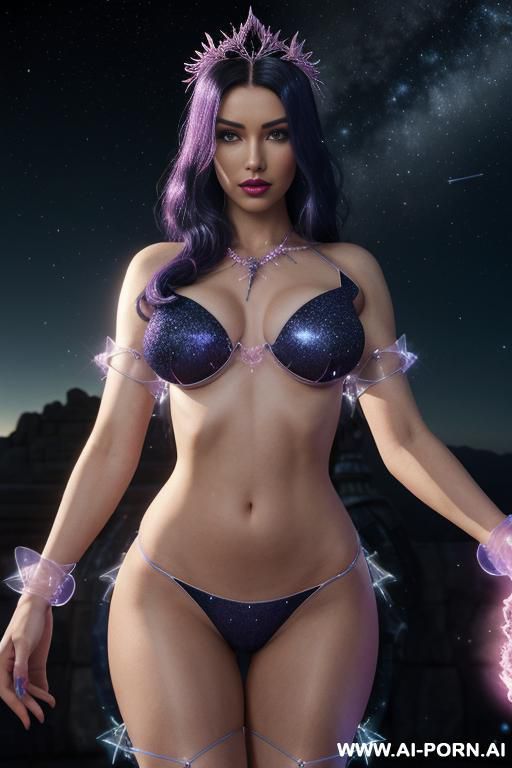 (front view), (looking at the viewer), (detailed face), (detailed body), (detailed skin), (detailed hands), star princes, toned figure, natural breasts, curly long dark blue hair with white glitter, - #main