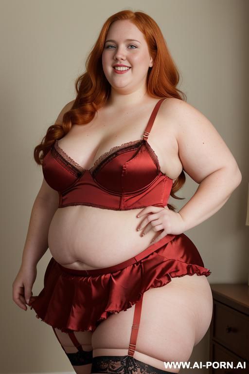half body photo shot close up. a ((british obese fat bbw redhead)), ((thick with love handless)). ((wearing a golden bright sexy and hot garter belt bride lingerie of flowers, and a dark-red ruffle silk micro-skirt)). she is smiling - #main