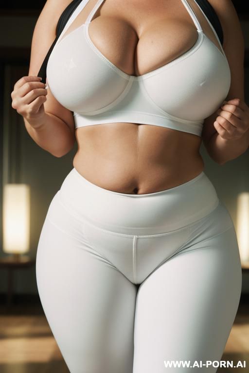 an extremely fat woman with giant breasts is walking wearing a tight belly shirt and tight white yoga pants that show her large camel toe. close up of her camel toe white yoga pants. epic - #main
