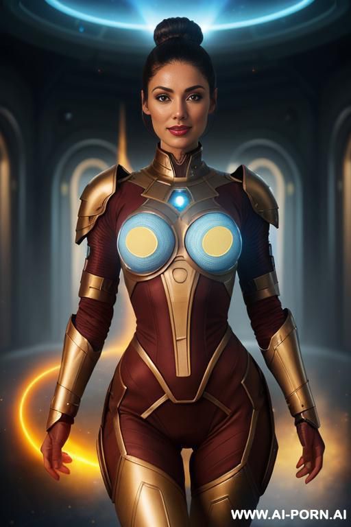 sci-fi soldier (front view) wide hips, muscular thighs, thighs gap (detailed model face) (eye contact) beautiful sexy face, alluring smile, detailed skin, detailed hands (wearing sci-fi glowing armor) - #main