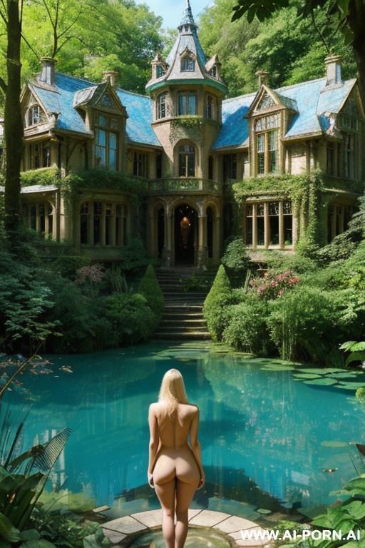 nude naked sexy blonde in fantasy overgrown intricate steampunk glass mansion beautiful garden forest azure lake summer clear blue sky - #main