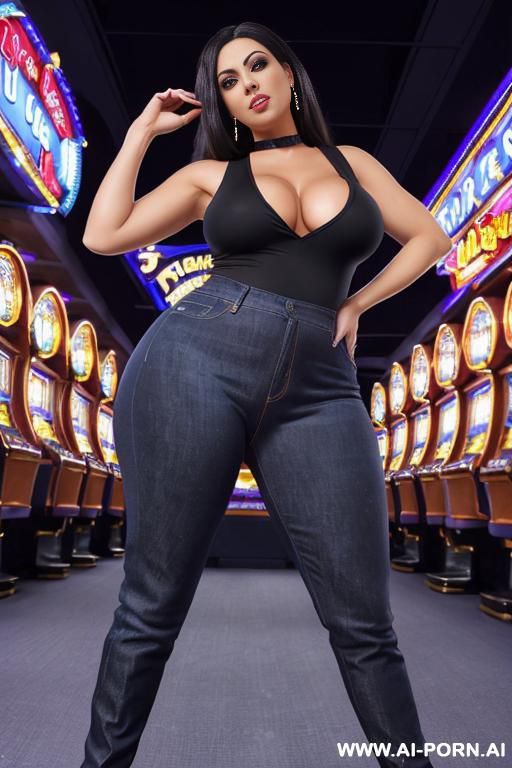 slender woman, wearing ((dark blue jeans)) and a ((black sleeveless tshirt)), ((has a big round juicy ass)), ((modeling pose)) - #main