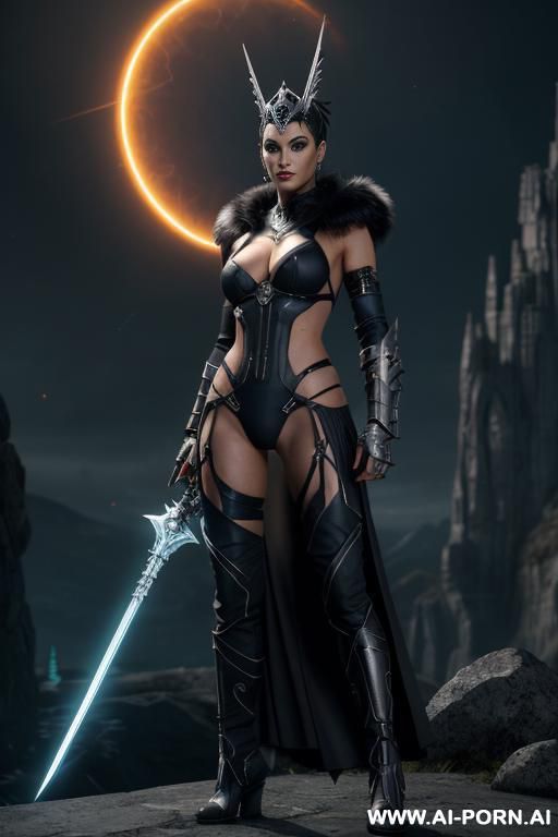 (medium shot), (front view), (eye contact), (looking at viewer), sci-fi dark fantasy swordswoman, dominant body pose, threaing looking woman, arrogant cruel face, ultra realistic, slender sinewy body, - #main