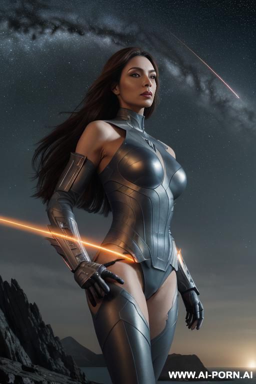 (front view), (looking at the viewer), (detailed face), (detailed body), (detailed hands), (detailed skin), sci-fi swordwoman, well-toned slender atletic figure, silky long flowing hair, mystical makeup, - #main