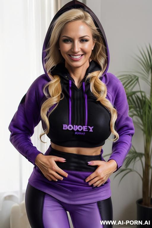 ((((( boobs))))), (((ultra white skin))), ((fit))), ((((((black leggings and purple hoodie)))))), (extremely beautiful make-up)), blonde, seductive, extremely slutty, very wicked, ((((ultra realistic)))), (((extremely long hair))), 1+ woman. - #main