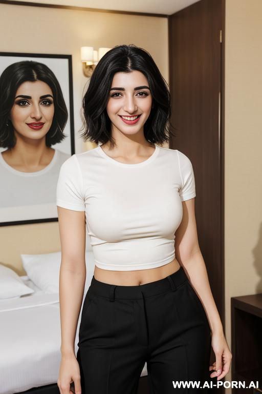 (black short sleeve crew neck shirt, pants), (urwa hocane), ((( punjabi ))), (christmas ), (big nose), ((smiling at the camera)), photorealistic, (ultra detailed photo), (hyper realistic photo ), - #main