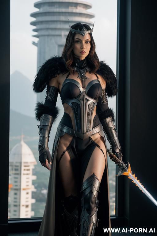 (medium shot), (front view), (eye contact), (looking at viewer), sci-fi dark fantasy swordswoman, dominant body pose, threaing looking woman, arrogant cruel face, ultra realistic, slender sinewy body, - #main