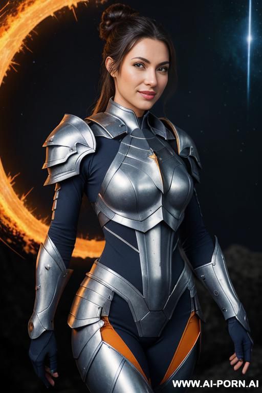 sci-fi swordwoman (front view) ((keep face)) wide hips, muscular thighs (perfect model face) beautiful sexy face, alluring smile (eye contact) finely detail, highly detailed face, highly detailed eyes, - #main