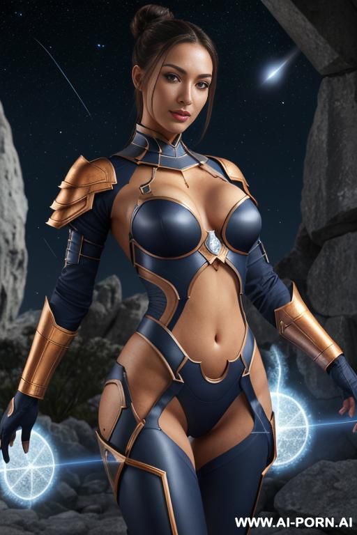 sci-fi swordwoman (front view) ((keep face)) wide hips, muscular thighs (beautiful sexy face) alluring smile (eye contact) finely detail, highly detailed face, highly detailed eyes, sexy eyes, highly - #main