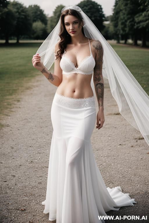 white medium wavy hair, white lace bra, white skirt, veil, tattoos, outdoor venue - #main