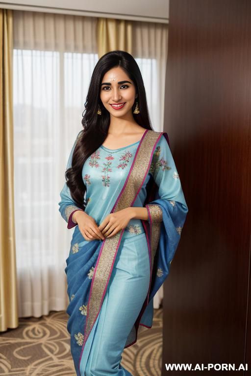 (blue floral patterned crew neck dupatta), (higareda), ((lanky)), ((( punjabi ))), (christmas), (big full lips), ((smiling at the camera)), photorealistic, (ultra detailed photo), (hyper realistic photo) - #main