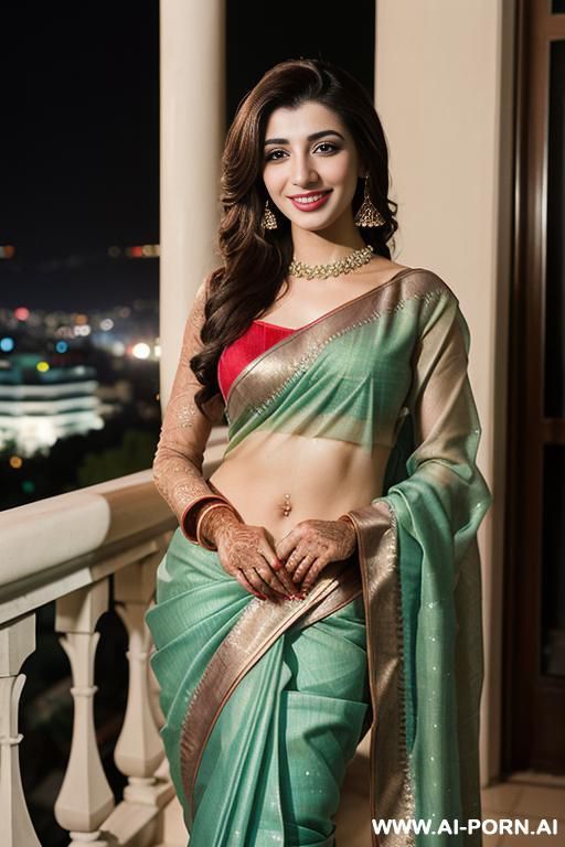 (urwa hocane), ((( pakistani ))), ((wedding sari)), (christmas), (modern monaco mansion), (big nose), ((smiling at the camera)), photorealistic, (ultra detailed photo), (hyper realistic photo), standing in - #main