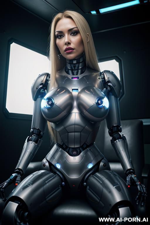 damaged robot, front view, close-up, sitting in armchair in spaceship, looking at viewer, beautiful angry human face with tanned silicone skin, long straight blonde hair, big lips, wide jaw, heavy - #main