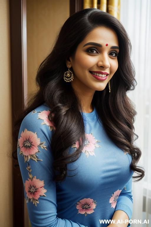 ((blue floral patterned crew neck dupatta)), (asin), ((( punjabi ))), (christmas ), (big full lips), ((smiling at the camera)), photorealistic,, (ultra detailed photo), (hyper realistic photo), (standing - #main
