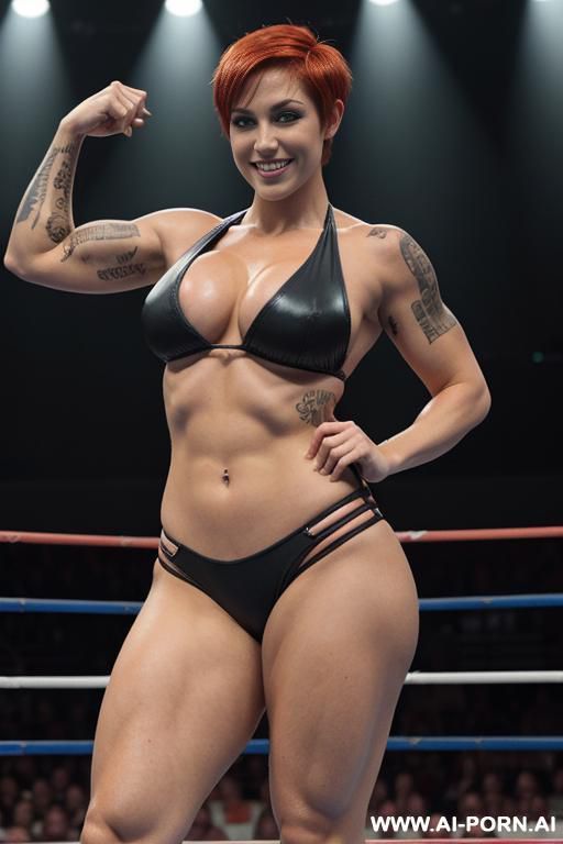 sexy, wrestling arena, wrestling ring, fit woman, red hair ((pixie cut)), massive boobs, massive thighs, wearing a sling bikini, feminine curves, m smile - #main
