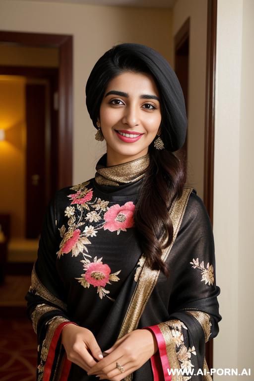 ((black floral patterned crew neck dupatta)), (urwa hocane), ((( punjabi ))), (christmas ), (big nose), ((smiling at the camera)), photorealistic, (ultra detailed photo), (hyper realistic photo ), - #main