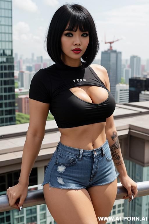 female sexy hooker pornstar long legs in black tight sport tshirt cleavage busty in tattered jeans barelegs in red sport shoes stand on roof top in big city blue glass big buildings many - #main