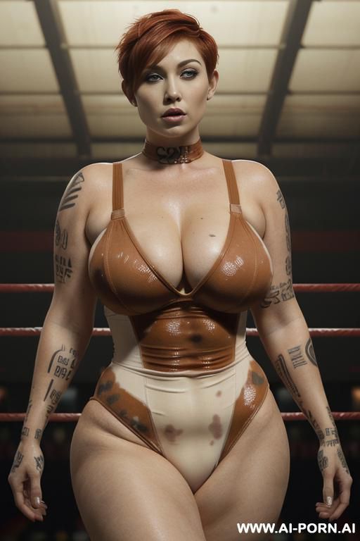 sexy, wrestling arena, wrestling ring, ((fat woman, red hair ((pixie cut)), massive boobs, massive thighs, wearing a cowprint leotard, female curves)), (highly realistic image), sweat droplets all over body - #main