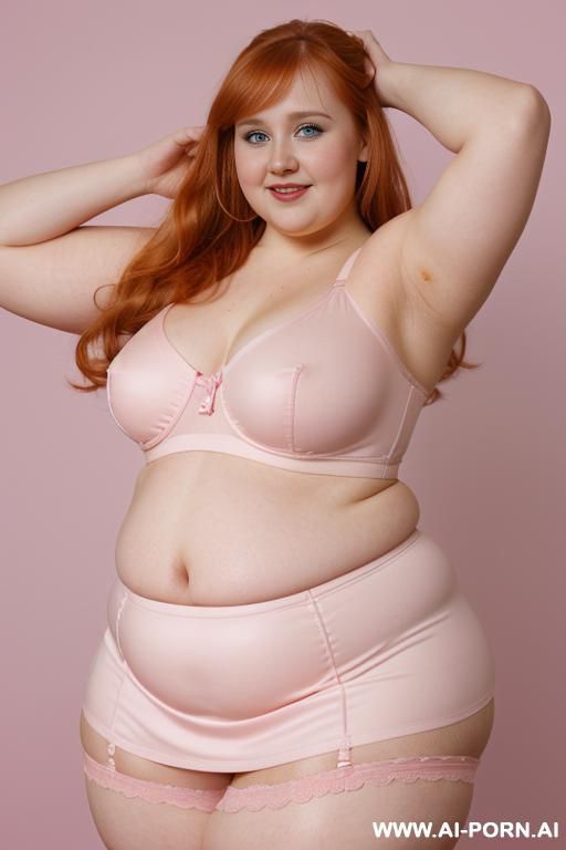 (((half body photo shot close up photo))). a (british (((obese))) fat bbw redhead), ((((thick body, with tummy and love handless)))). (wearing a lingerie garter belt top.) - #main
