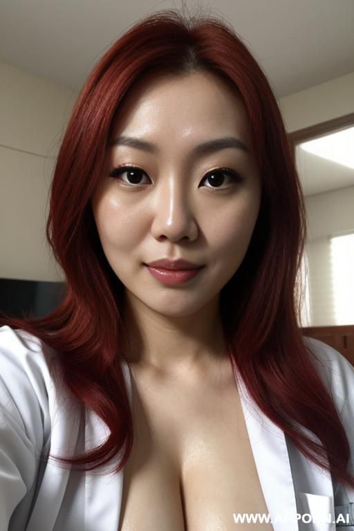 close up, asian with straight red hair, bedroom, hands and knees, begging pose, slight smile, cum on face, cum on breasts, tired panda eyes, extremely loose fitting lab coat, hard nipples, exhausted expression - #main
