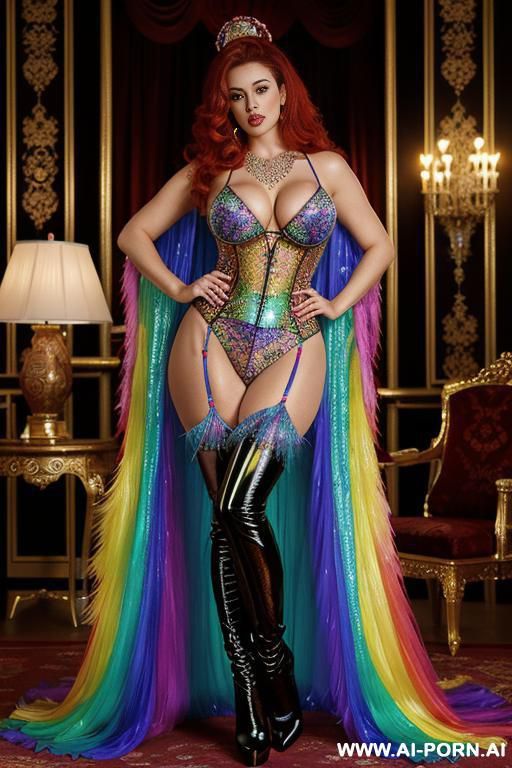 chinese，rainbow feather studed bright sequin transparent latex corset，feather tutu skirt， mesh robe， rainbow sequin bra ,rainbow sequing-thong，necklace，rainbow large pointed thigh-high boots，royal lingerie, - #main