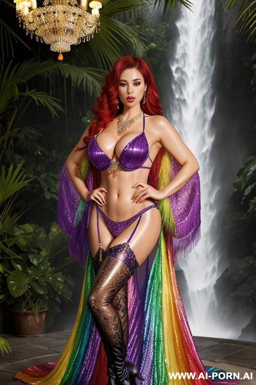 chinese woman， dazzling colour rainbow feather studed bright sequin transparent latex corset，feather tutu skirt， mesh robe， rainbow sequin bra ,rainbow sequing-thong，necklace，rainbow large pointed thigh-high - #main