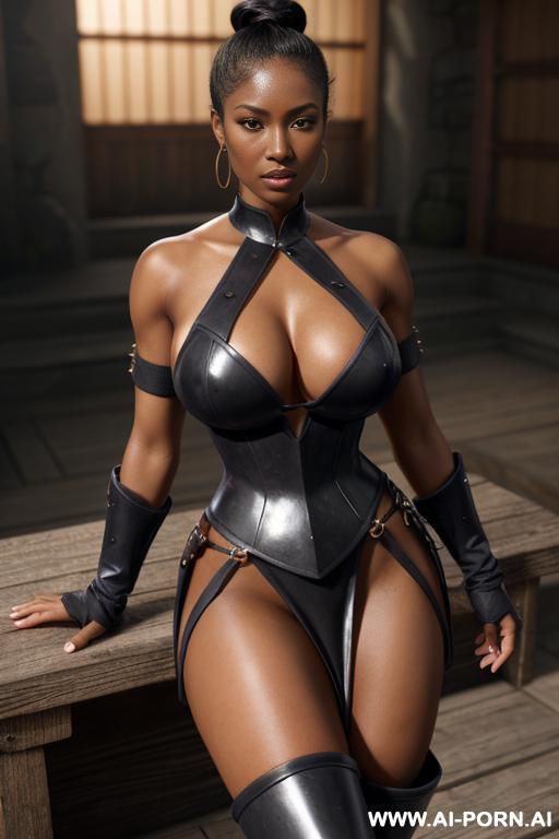 high definition, hyper realistic, dark skin woman with beautiful japanese face, short straight hair down to her jaw, dark black skin, bright eyes, fully naked, huge breasts, round cheeks, dense - #main