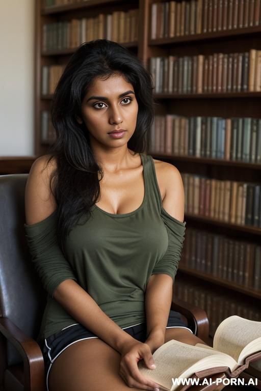 extremely tanned pakistani, library, slouching in chair reading book, unkempt hair, tired panda eyes, extremely loose fitting tank top, one exposed breast, hard nipples, short athletic shorts, off shoulder open athletic jacket, exhausted expression - #main