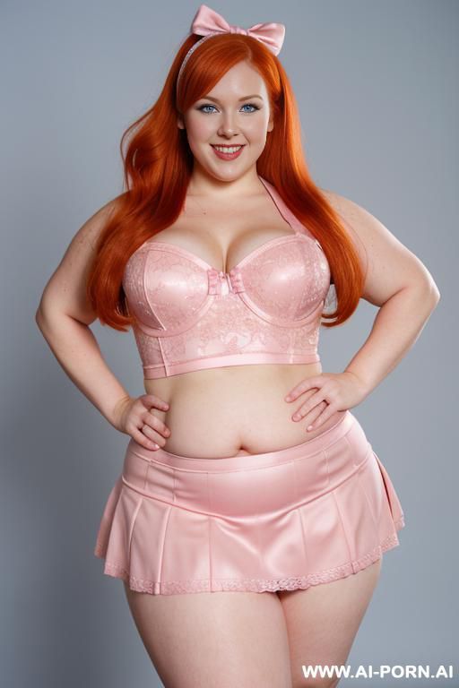 (half body photo shot close up photo). a (((british very bbw redhead))), ((thick body, with tummy and love handless)). (wearing a lingerie garter belt top.) - #main